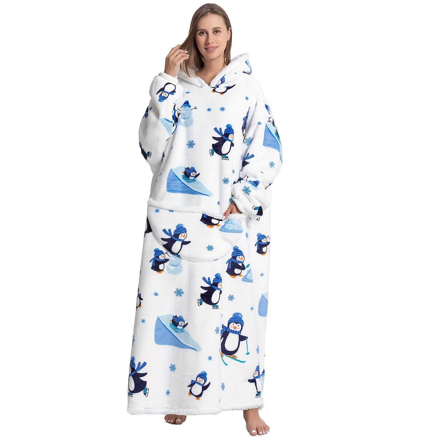 1pc Extra Long Oversized Cat Print Sherpa Fleece Hooded Blanket Sweatshirt - Ultra Soft, Warm, Wearable, Machine Washable, and Industrial Style - Perfect Gift for Women and Men Adults Lootquake LLC