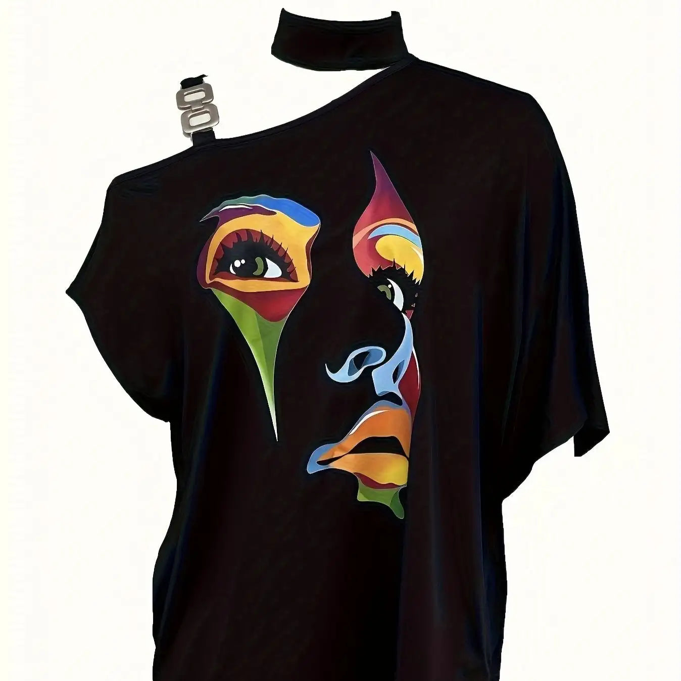 Ladies' Fashionable Slanted Shoulder Collar Printed T-shirt Top - SJB-DIAMOND ELITES