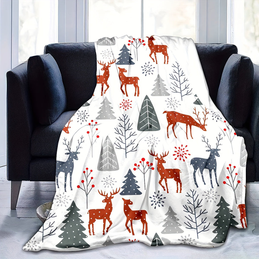 1pc Throw Blanket, Christmas Theme Deer Pattern Printed Blanket, Warm Cozy Soft Blanket For Couch Bed Sofa Car Office Camping Travelling, Gift Blanket Suitable For All Seasons Lootquake LLC