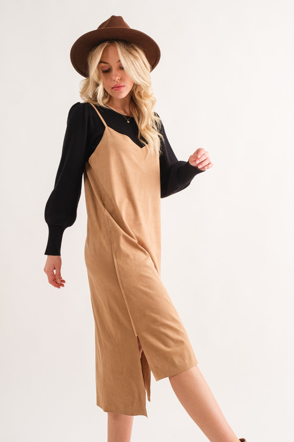 Faux Suede Cut Edge Slit Cami Midi Dress – Elegant Midi Dress, Faux Suede Dress, Chic Slit Dress, Sophisticated Dress, Versatile Cami Dress Stevvex