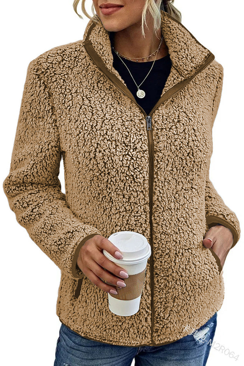 Fall Winter Warm Sweatshirt Stand Collar Solid Color Top Sweater Women's Casual Fashion Long Sleeve Zipper Bubble Velvet Coat Tops Pi-Mart