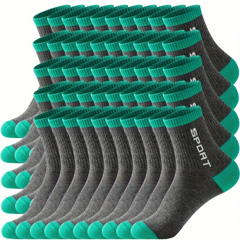 50 Pairs Of Men's Solid Letter Print Sport Crew Socks, Breathable Sweat-absorbing Comfy Soft Casual Simple Style Socks All Seasons Wearing Lootquake LLC