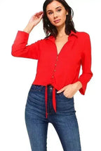 Solid Button Down Tie Front Blouse | Femstylo - SJB-DIAMOND ELITES
