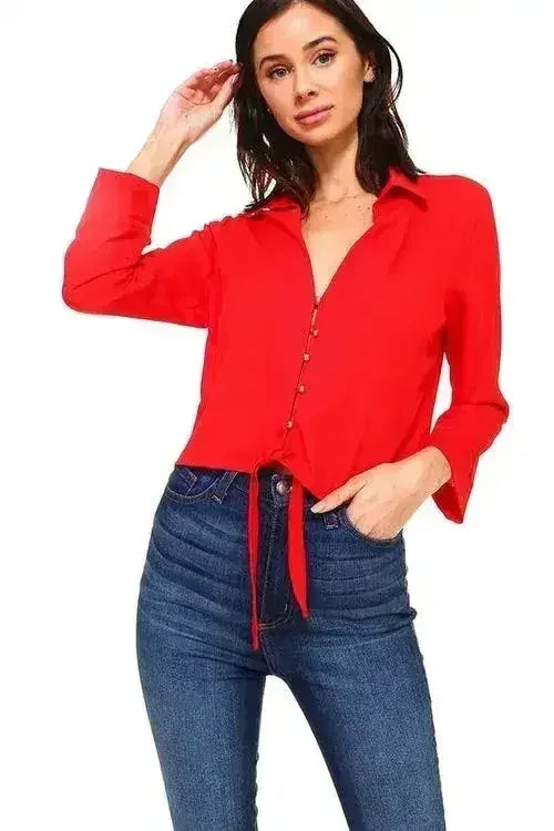 Solid Button Down Tie Front Blouse | Femstylo - SJB-DIAMOND ELITES