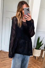 Smoke Gray Crochet Hollow-out Knit Sweater