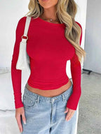 Solid Color Round Neck Long Sleeve T-Shirt THRIXINE