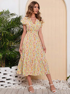 Women Summer Chiffon Floral Print Long Dress Short Sleeve Elegant V Neck Elastic Waist Holiday Beach Dress - SJB-DIAMOND ELITES