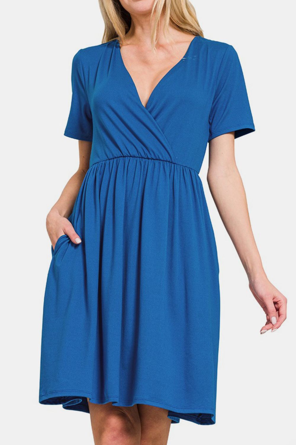 Zenana Surplice Short Sleeve Brushed DTY Dress Stevvex