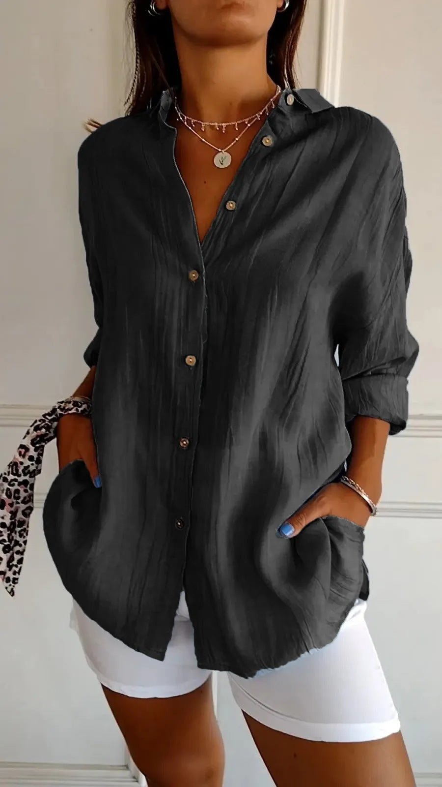 Lapel Long Sleeve Shirt Women's Single-breasted Pleated Shirt Pi-Mart