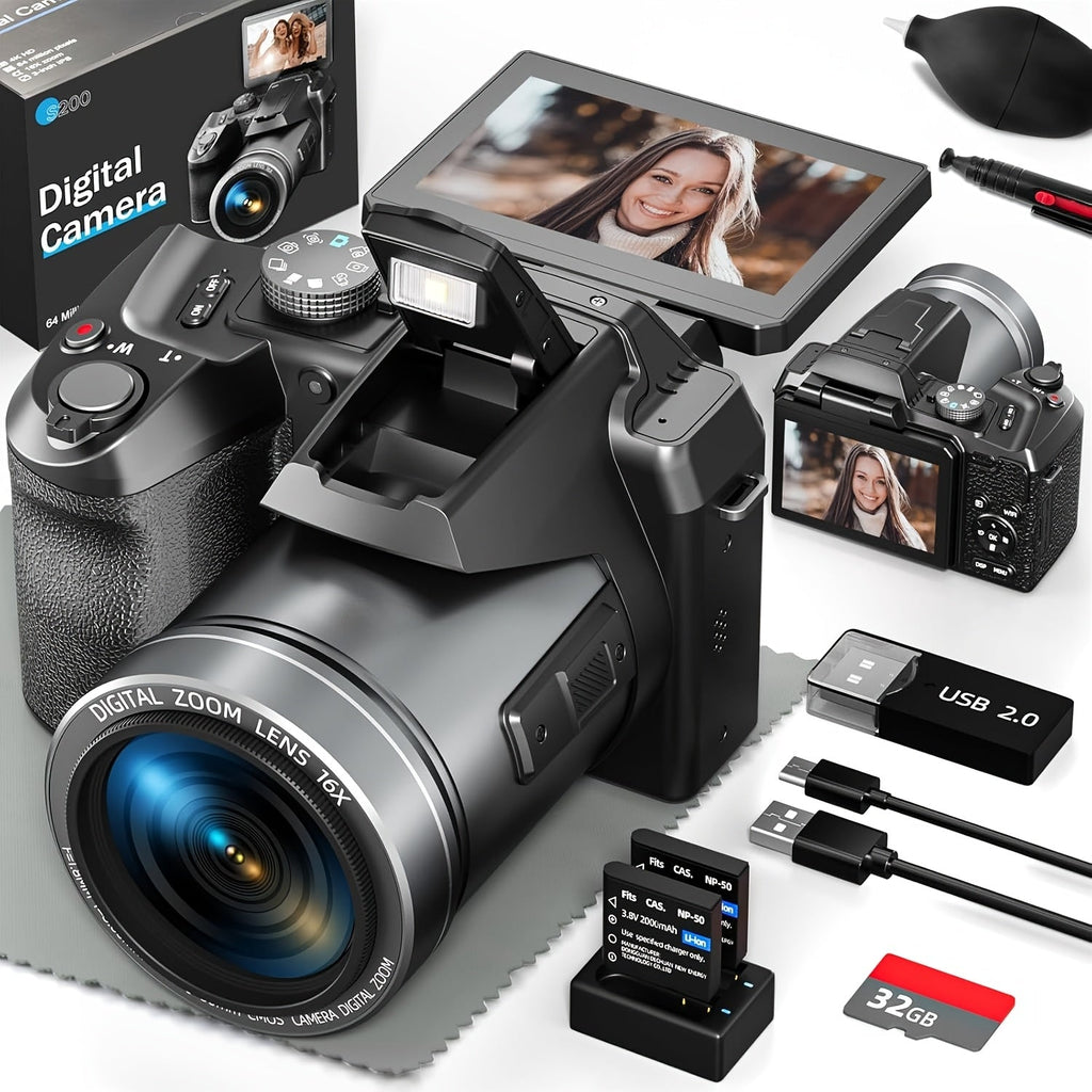 NBD 64MP Digital Camera for Photography, 5K Vlogging Camera for YouTube with 3" Flip Screen, 16X Digital Zoom, Autofocus, 2 Batteries, 32GB TF Card(S205, Black) Lootquake LLC