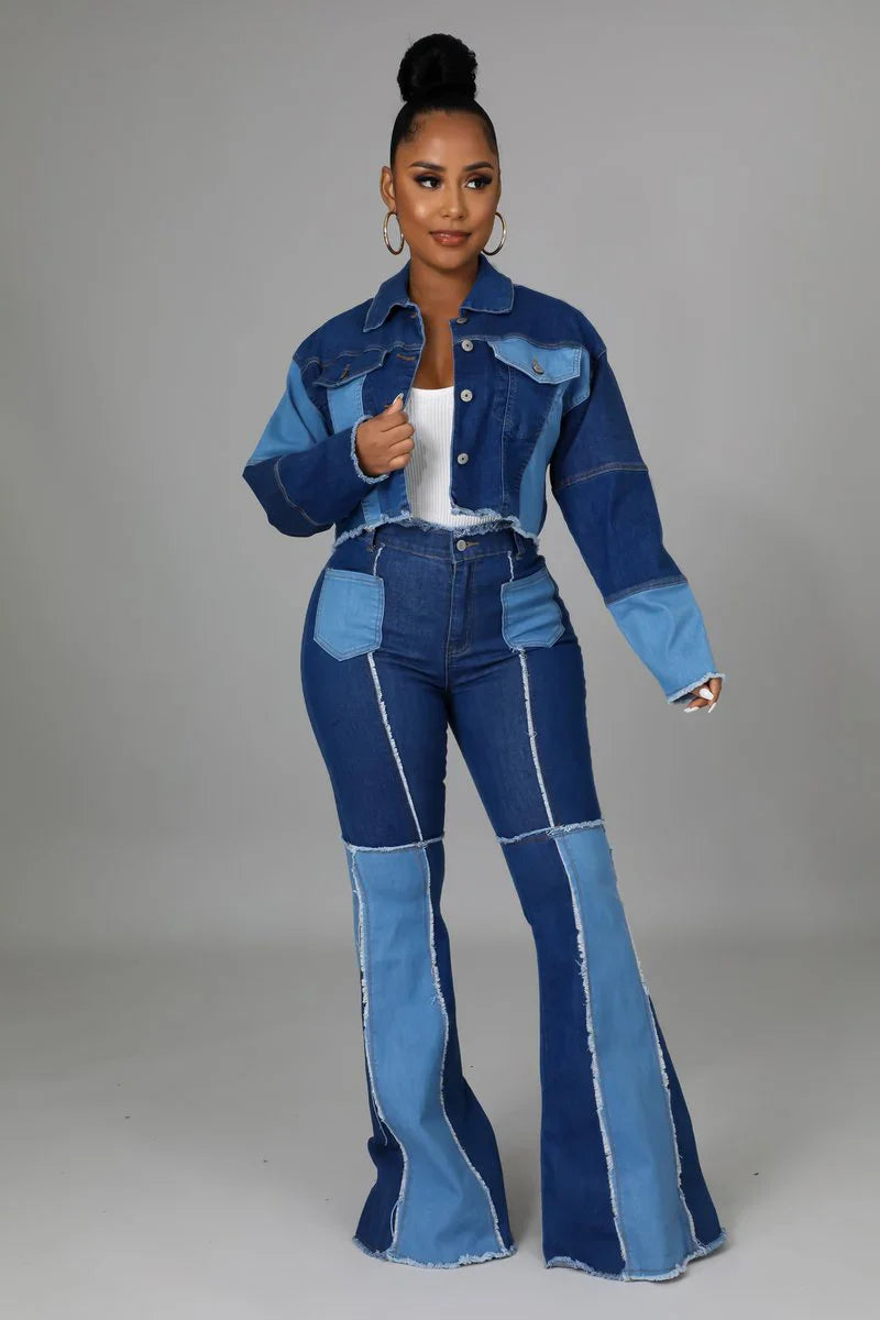 Women's Matching Set Denim Patchwork Vintage Short Jacket and Flare Pant Two Piece Set Outfit Autumn Casual Y2K Fashion Sets Purplish Diva