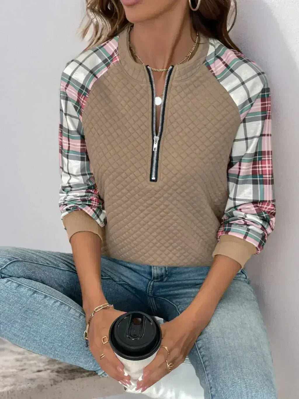 Perfee Plaid Half Zip Long Sleeve Texture Sweatshirt - SJB-DIAMOND ELITES