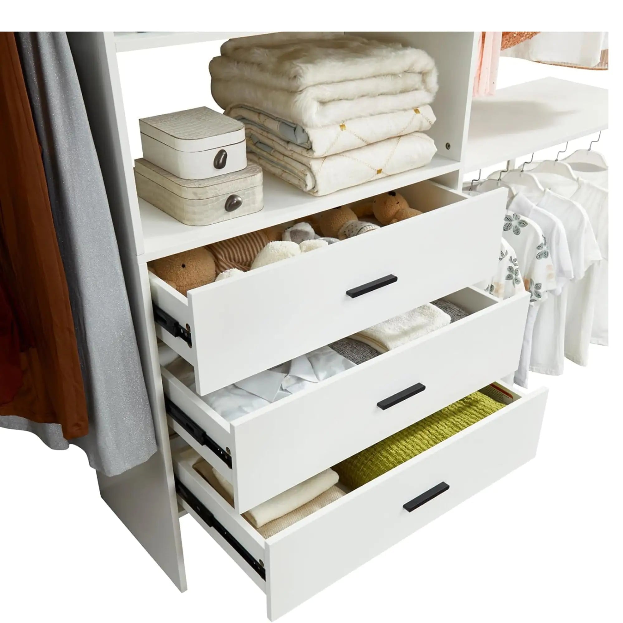 306 Closet Organizer System with Closet Shelves Wall Mounted, White Clothing Racks for Hanging Clothes, Clothes Organizer with Closet Drawers, Wooden Wardrobe Closet System with Hanging Rod Pi-Mart