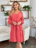 Light Green Double Take Full Size V-Neck Sleeve Tiered Dress with Pockets Elegant & Comfortable Casual Dress Stevvex