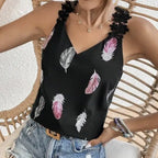Women's Printed Feather Pattern Design V-neck Fashionable Slimming Camisole Vest - SJB-DIAMOND ELITES