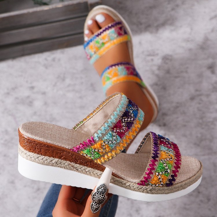 Fashion Wavy Pattern Woven Sandals Summer Casual Ethnic Style Slippers Linen Bottom Wide Strap Wedges Shoes For Women Pi-Mart