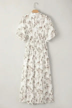 Khaki Floral Puff Sleeve V Neck Buttoned Front Maxi Dress