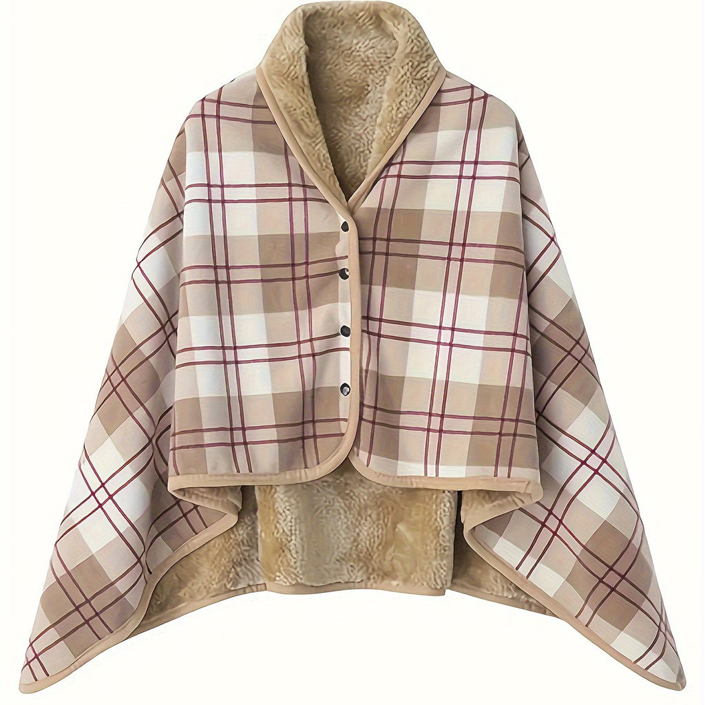Women'S Casual Plaid Pajama Cape Blanket, V-Neck Sleeveless Knit Fabric with Button Detail, Polyester 100% Flannel, Medium Stretch, All-Season Loose Fit - Thick Heating Office Air-Conditioning Nap Blanket Lootquake LLC
