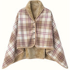 Women'S Casual Plaid Pajama Cape Blanket, V-Neck Sleeveless Knit Fabric with Button Detail, Polyester 100% Flannel, Medium Stretch, All-Season Loose Fit - Thick Heating Office Air-Conditioning Nap Blanket Lootquake LLC