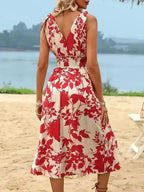 Smocked Surplice Midi Dress - Viscose Flowy Dress | Femstylo