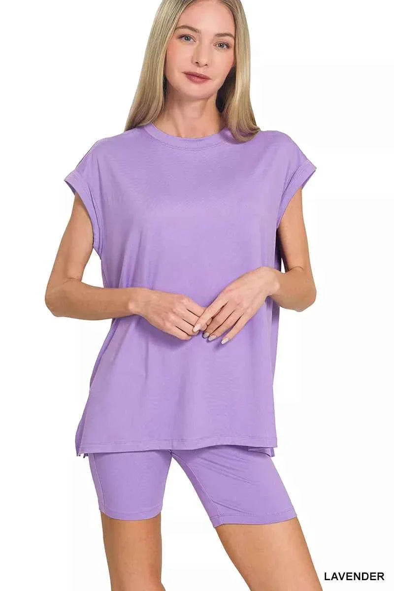 Zenana Brushed Dty Microfiber Top & Biker Shorts THRIXINE