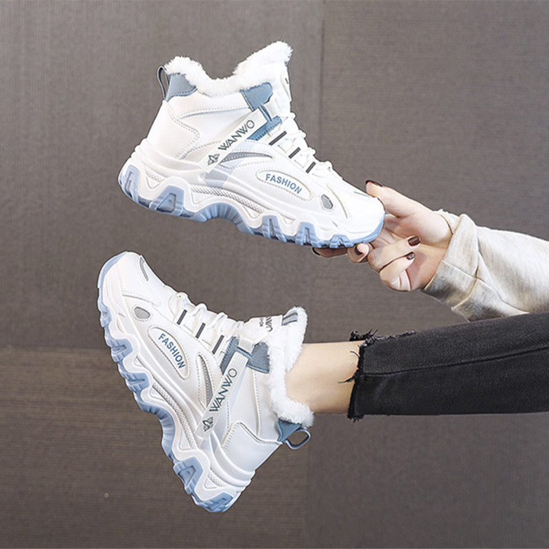 Fashion Black White Lace-up Sneakers Winter Warm All-match Plush Shoes Women Plus Velvet Fleece Flat High-top Sports Shoes Pi-Mart