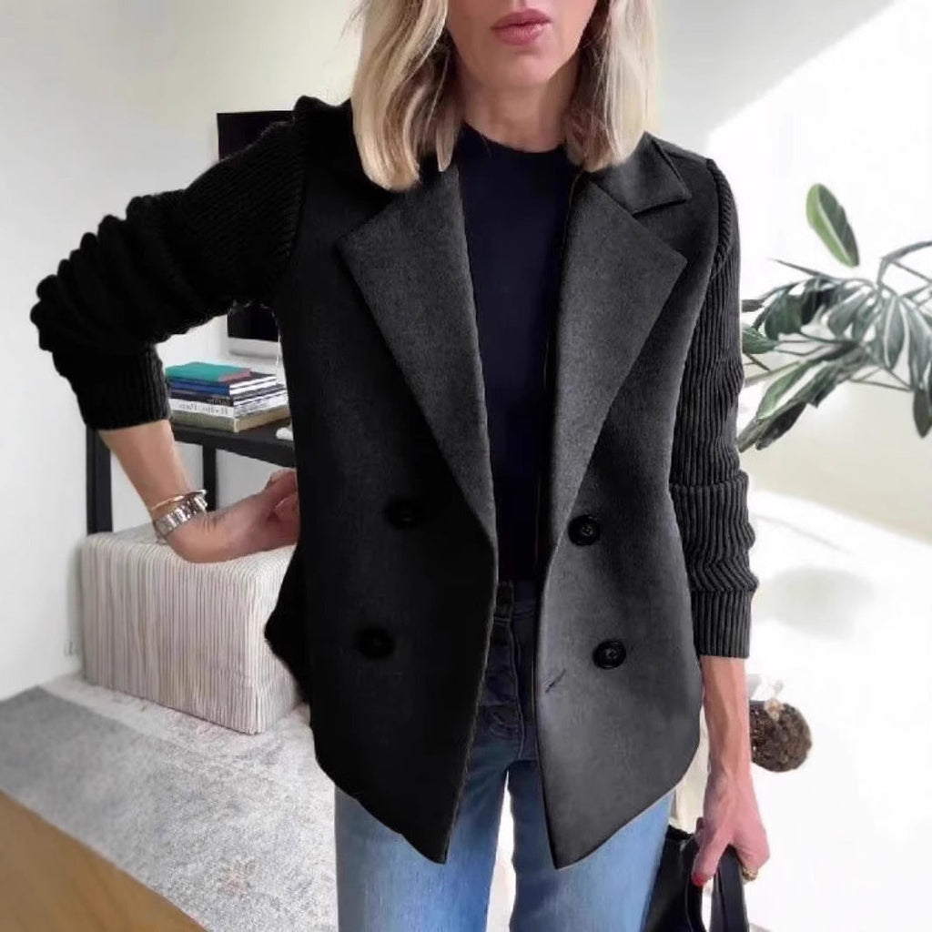Double Breasted Lapel Jacket Fashion Knitted Sleeves Splicing Design Coat Outerwear Women's Clothing Pi-Mart