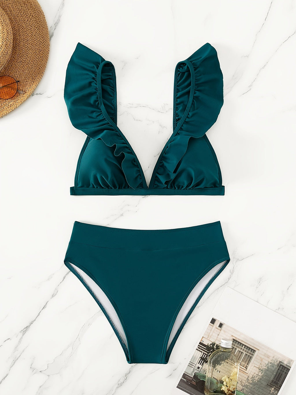 New Elegance Curve V-Neck Bikini Set – Sleek Solid Color High Waist Swimsuit with High-Cut Leg and Delicate Lettuce Trim – Stretch Comfort and Easy-Care Two-Piece Swimwear for Women’s Poolside Style Stevvex