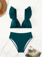 New Elegance Curve V-Neck Bikini Set – Sleek Solid Color High Waist Swimsuit with High-Cut Leg and Delicate Lettuce Trim – Stretch Comfort and Easy-Care Two-Piece Swimwear for Women’s Poolside Style Stevvex