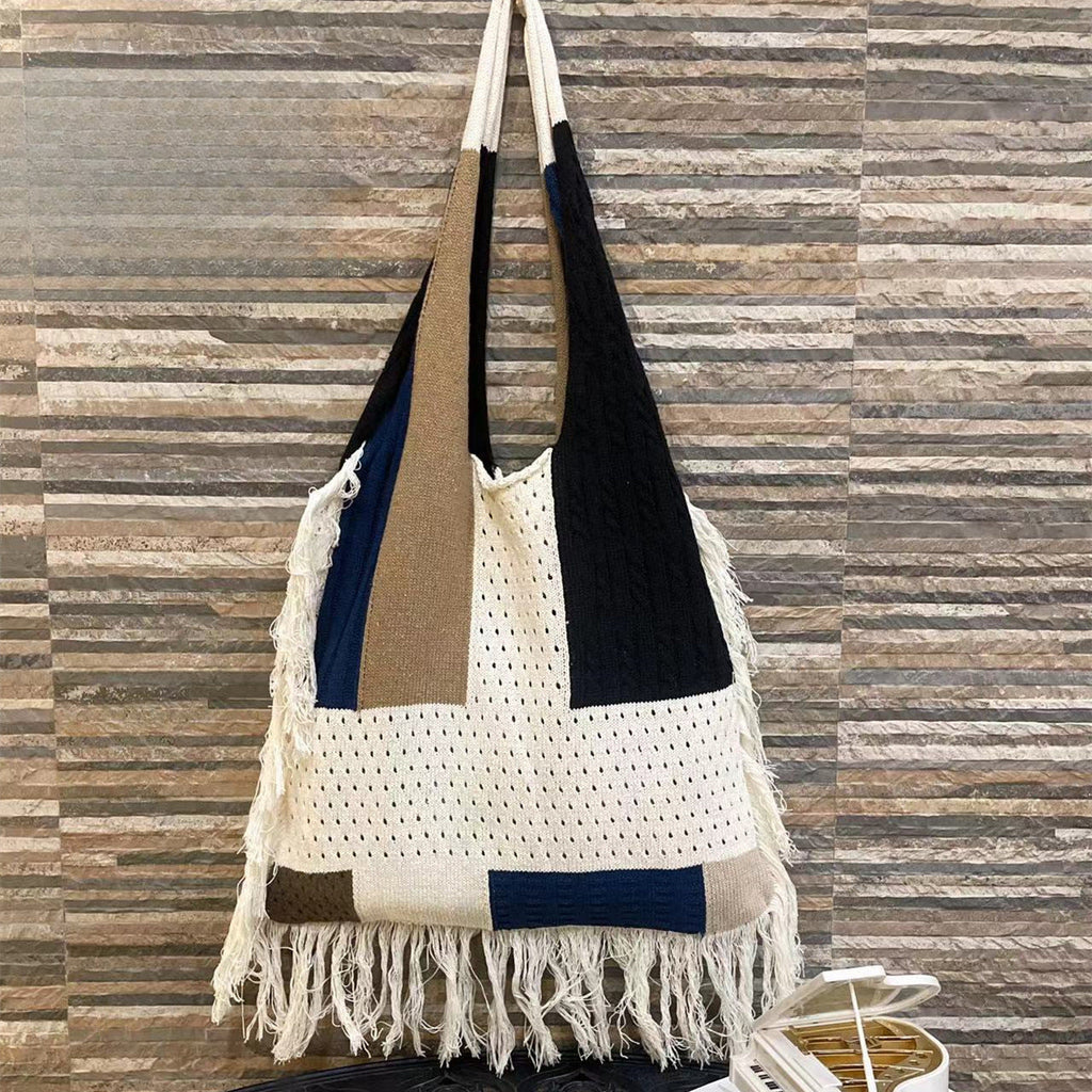 Tassel bag women, splicing knitted shoulder bag, simple and versatile retro knitted bag hobo - SJB-DIAMOND ELITES
