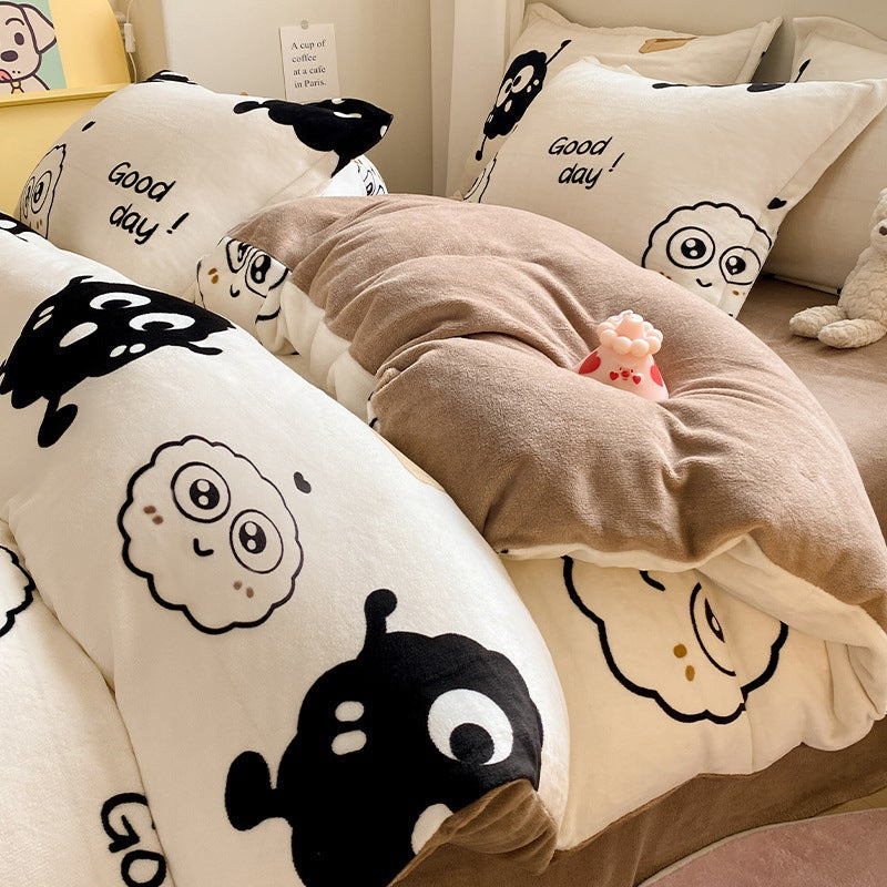 Winter Thickening Milk Fiber Bed Four-piece Coral Velvet Quilt Cover Flange Double-sided Bed Sheet Three-piece Bedding Pi-Mart