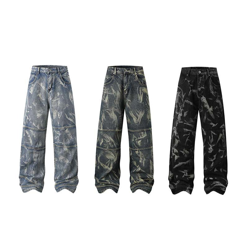 Street Fashion Hip Hop Inkjet Washed Distressed Stitching Straight Jeans Lootquake LLC