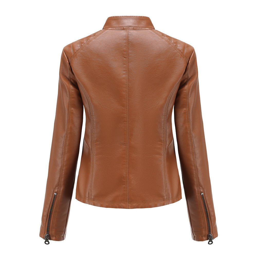 Simple European And American Trend Thin Coat Long Sleeve Motorcycle Jacket Women Pi-Mart