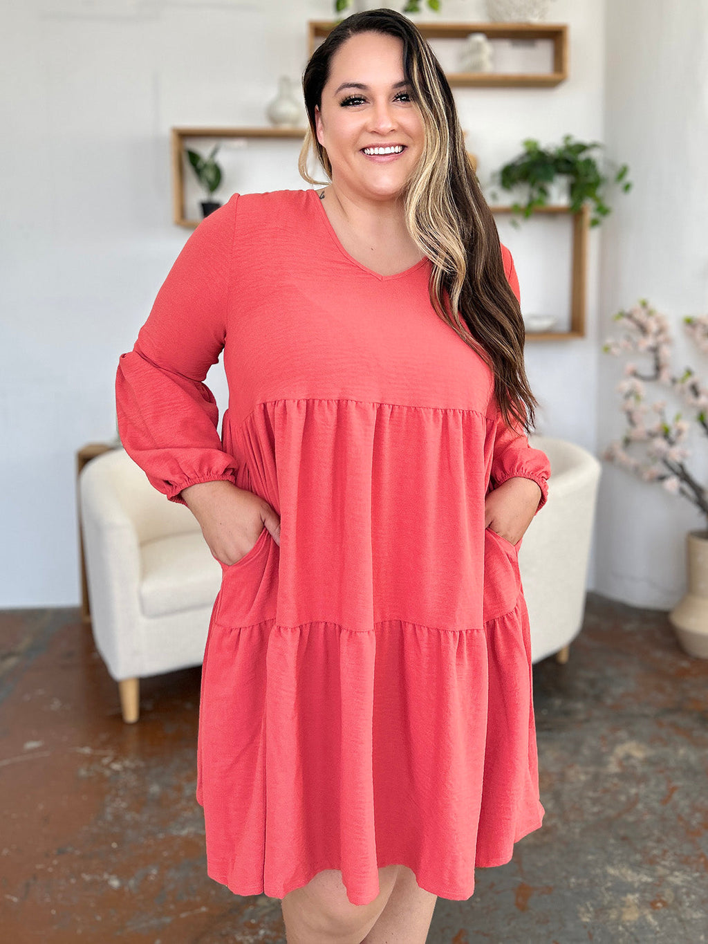 Light Green Double Take Full Size V-Neck Sleeve Tiered Dress with Pockets Elegant & Comfortable Casual Dress Stevvex
