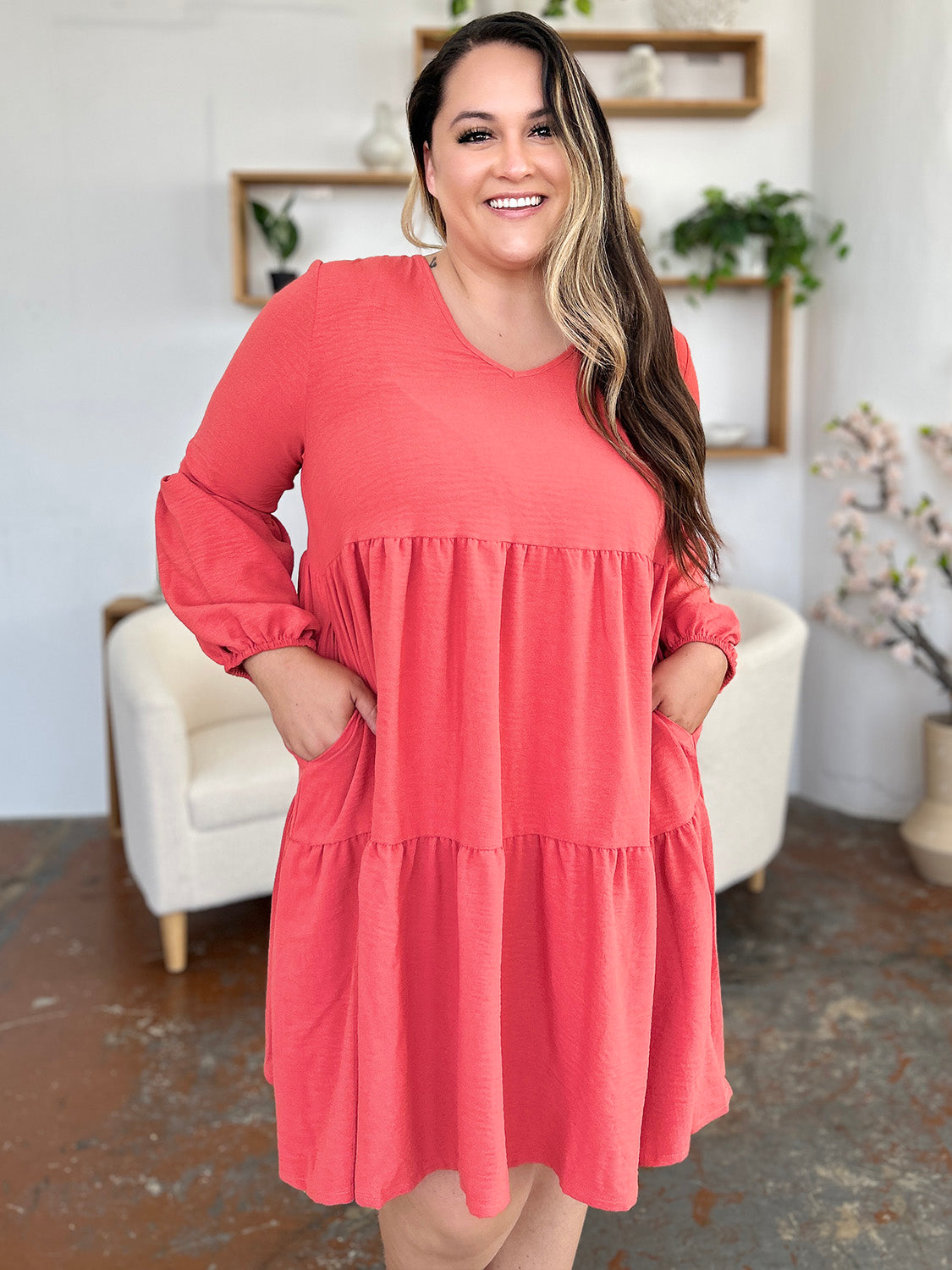Light Green Double Take Full Size V-Neck Sleeve Tiered Dress with Pockets Elegant & Comfortable Casual Dress Stevvex