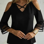 Ladies' Solid Color Collar Cross Design Off Shoulder Fashionable Casual Mid Long Sleeved T-shirt Top - SJB-DIAMOND ELITES