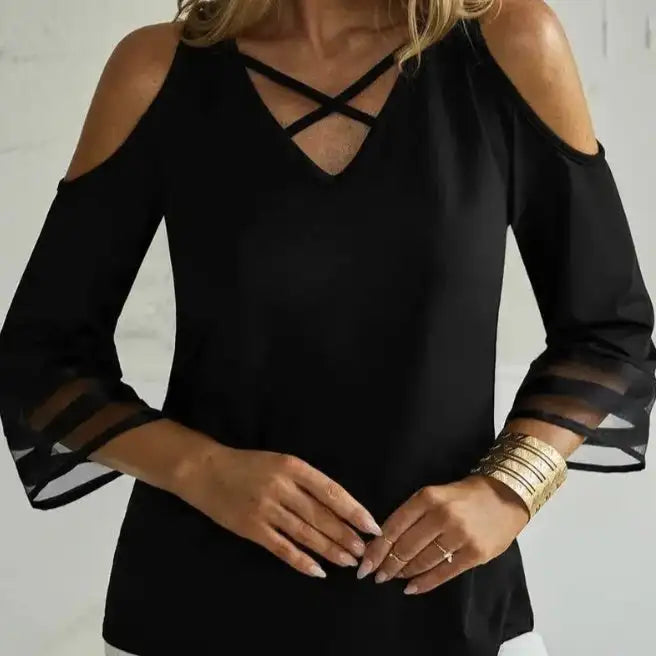 Ladies' Solid Color Collar Cross Design Off Shoulder Fashionable Casual Mid Long Sleeved T-shirt Top - SJB-DIAMOND ELITES