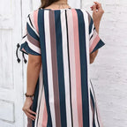 Ladies' Contrasting Striped Print Notch V-neck Short Casual Loose Dress - SJB-DIAMOND ELITES
