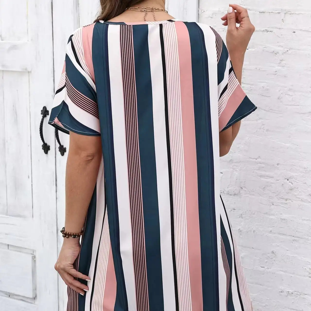 Ladies' Contrasting Striped Print Notch V-neck Short Casual Loose Dress - SJB-DIAMOND ELITES
