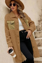 Blue Teddy Coat – Contrast Flap Pockets & Single Breasted