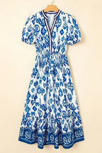 Blue Floral Ruffle Hem Pop of Color Neckline Dress