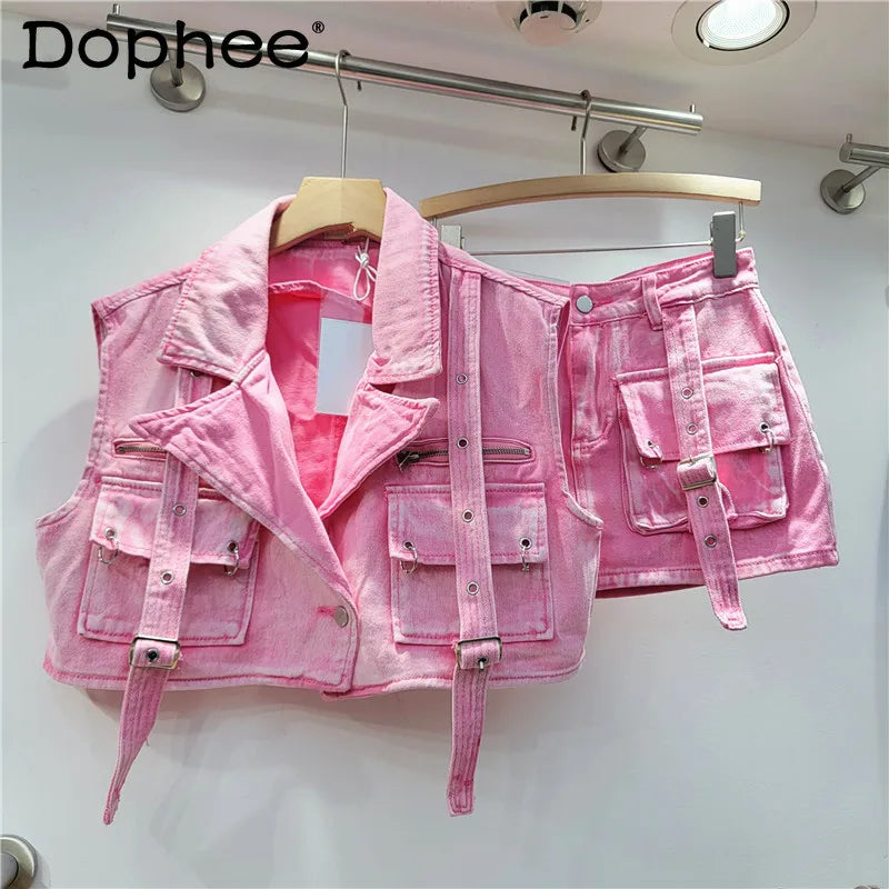 Retro Pink Large Pocket Denim Suit Spring Summer Sleeveless Short Vest High Waist Hip Wrapped Skirt 2 Pieces Sets Women Outfits Purplish Diva