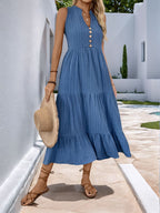 Decorative Dusty Blue Button Notched Sleeveless Dress Elegant & Feminine Style Long Dress For Women Stevvex