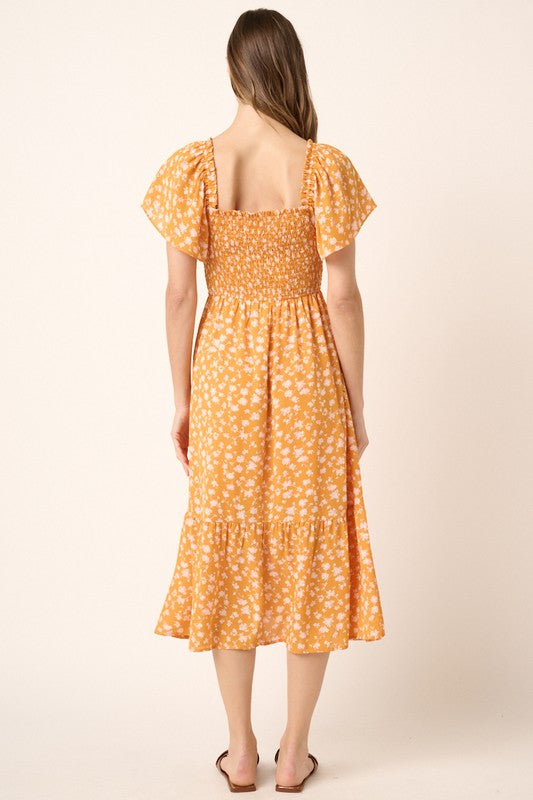 New Summer Flower Print Flutter Sleeve Smocked Midi Dress For Women – Fluttering, Trendy, Romantic and Feminine Style Stevvex