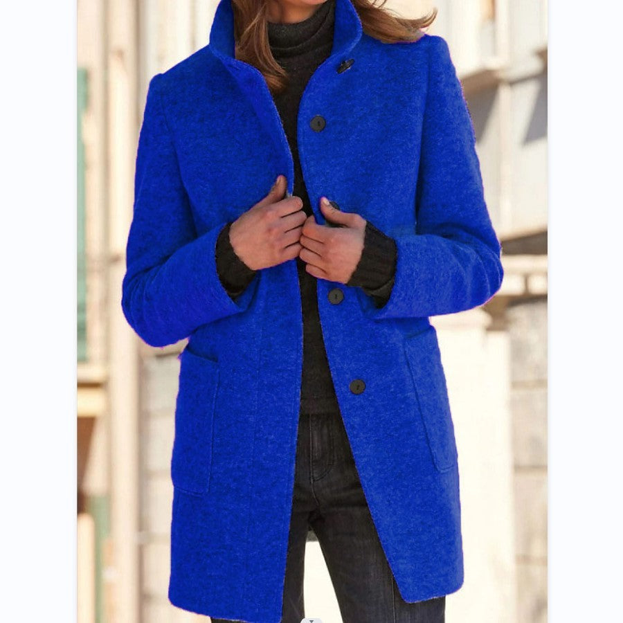 Fashion Stand Collar Woolen Coat With Pockets Fall Winter Casual Button Outwear For Women Clothing Pi-Mart
