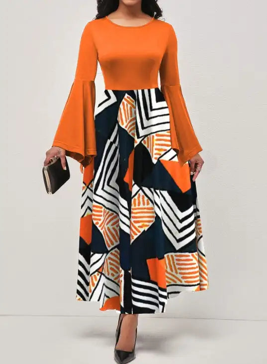 Ladies' Round Neck Printed Irregular Cuff Design Fashionable Dress - SJB-DIAMOND ELITES