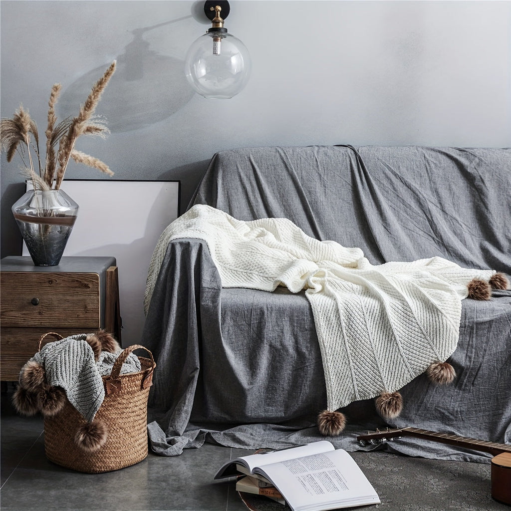 Vintage Chunky Knit Throw Blanket with Pom-pom Embellishment, Space Theme, All Seasons Polyester Cover, Knitted Casual Office Living Room Bedroom Nap Sofa Bed End Blanket 1PC Lootquake LLC