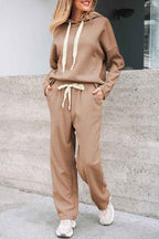 Solid Corduroy Lace Hoodie and Pants Set THRIXINE