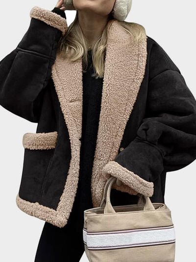 Fuzzy Collared Neck Long Sleeve Jacket with Buttoned Closure and Cozy Pockets Stevvex