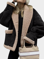 Fuzzy Collared Neck Long Sleeve Jacket with Buttoned Closure and Cozy Pockets Stevvex